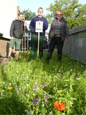 Ausbildungsmeister Jürgen Hogrefe (rechts) mit Auszubildenden der CJD Gärtnerei auf einer der neu angelegten Wildblumenwiesen